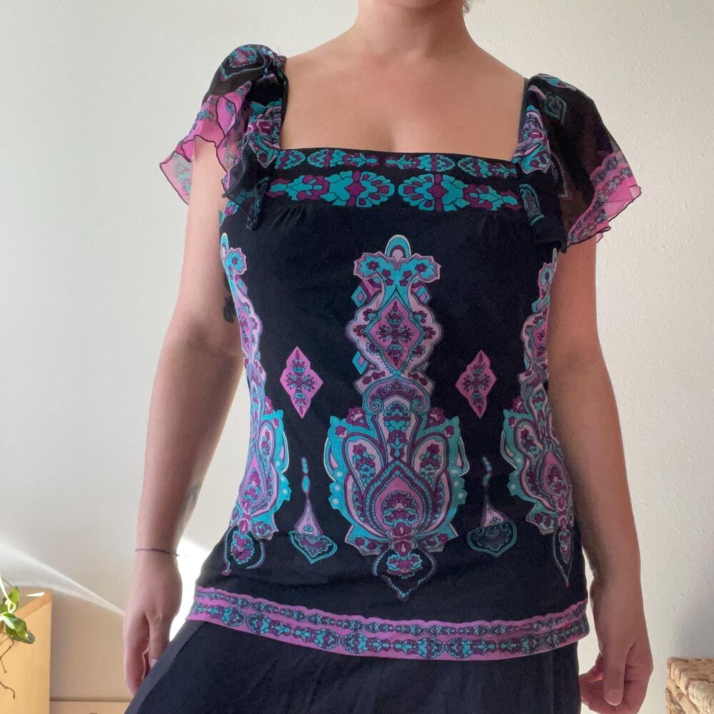 Y2K vintage 2000s paisley whimsgoth fairy boho micro mesh blouse | size m